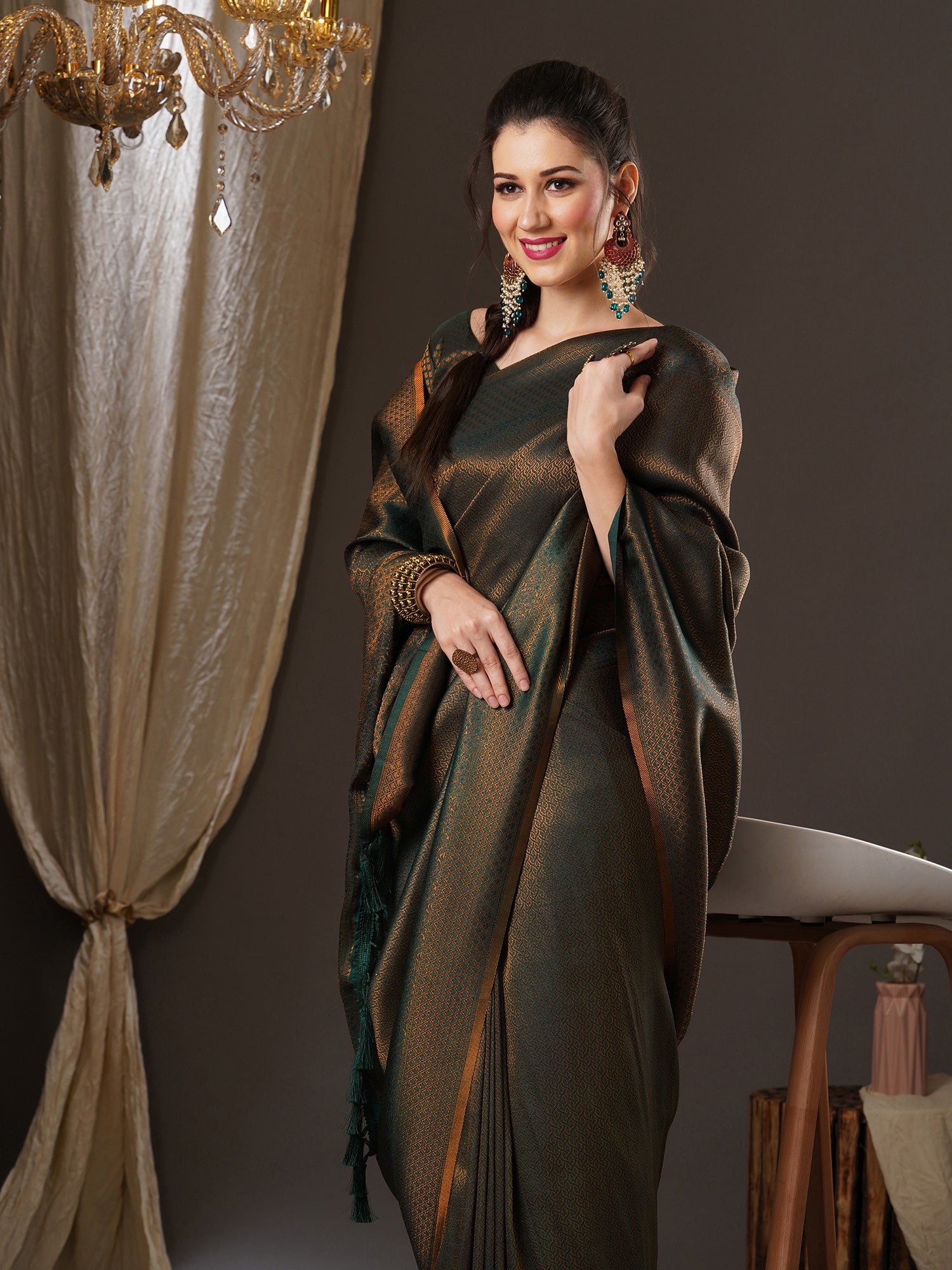 Women's Banarasi Woven Design Saree with Unstitched Blouse -  Green