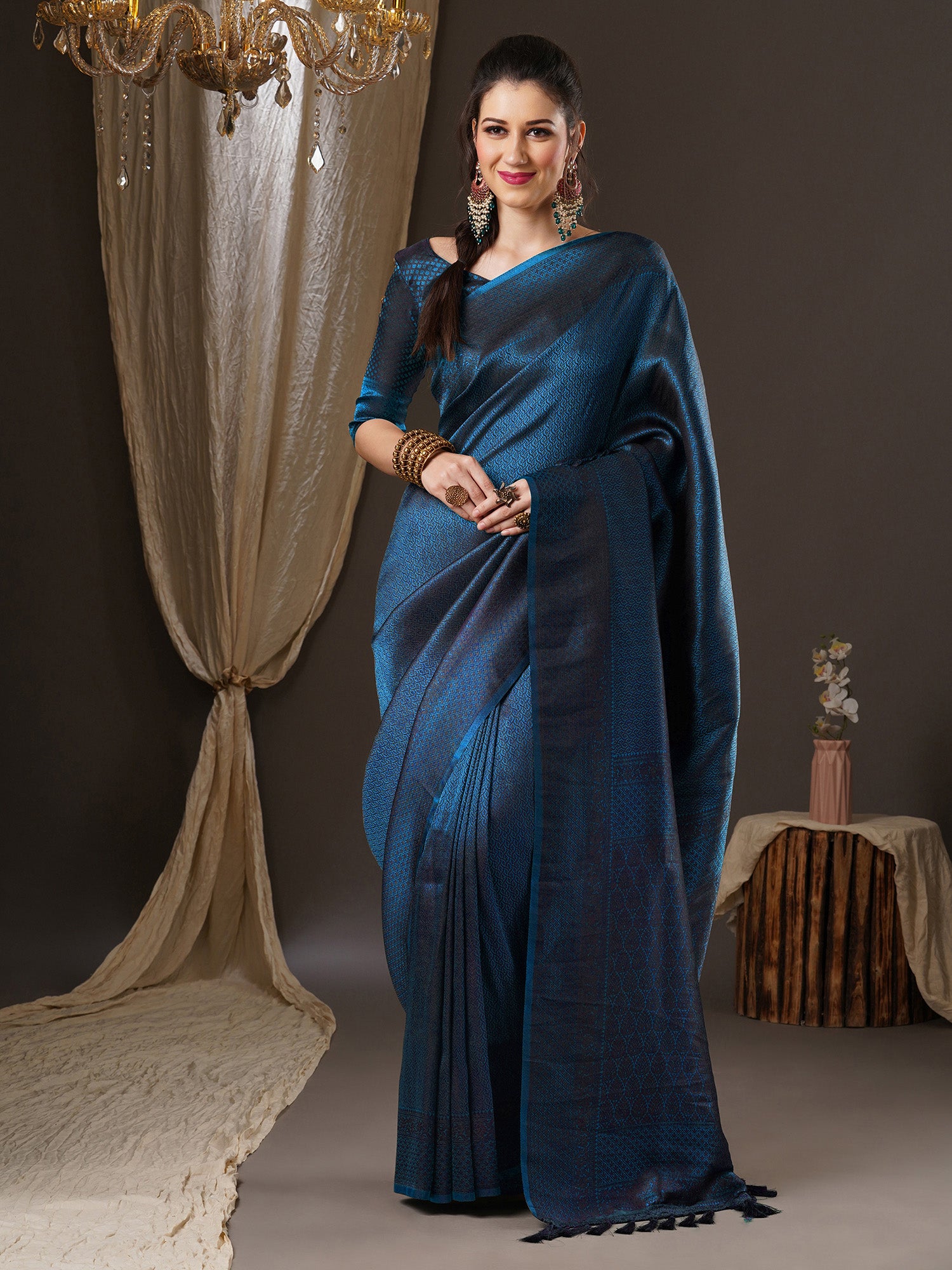 Women's Banarasi Woven Design Saree with Unstitched Blouse - Teal Blue