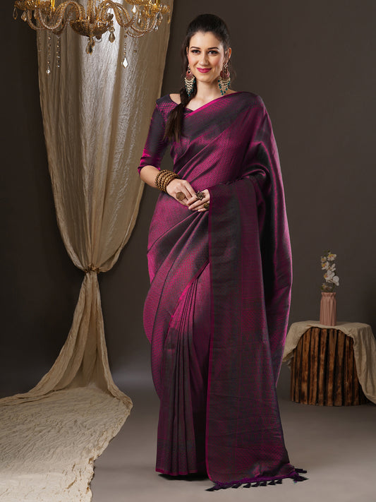 Women's Banarasi Woven Design Saree with Unstitched Blouse - Magenta