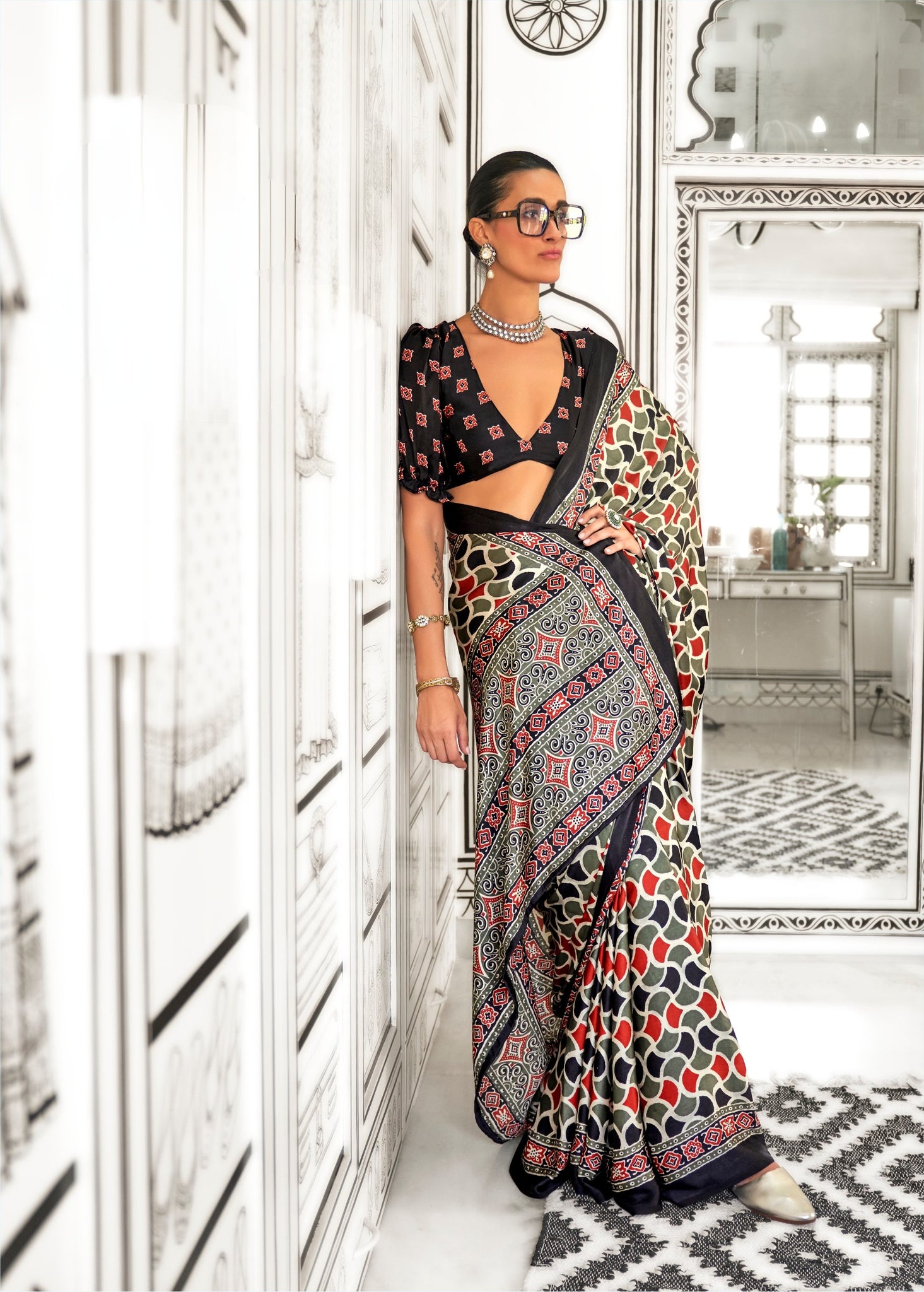 Ajrakh Printed Satin Saree - Black