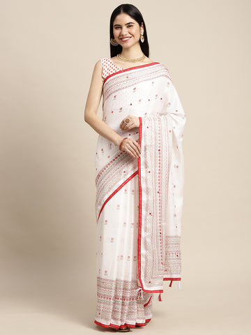 Women's Jute Silk Saree With Unstitched Blouse - White