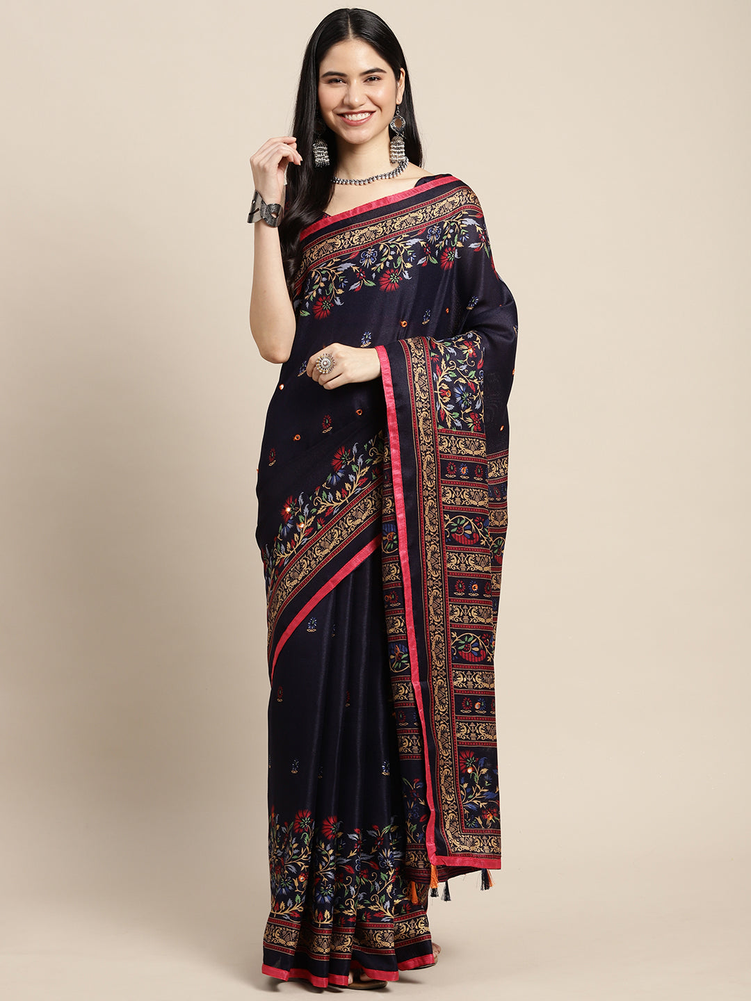 Women's Jute  Silk Saree With Unstitched Blouse - Navy Blue