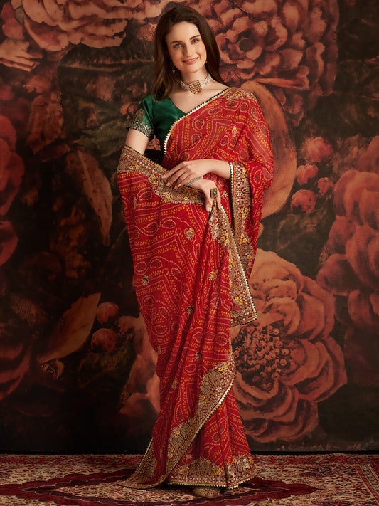 Women's  Bandhani Printed Saree With Unstitched Blouse - Red