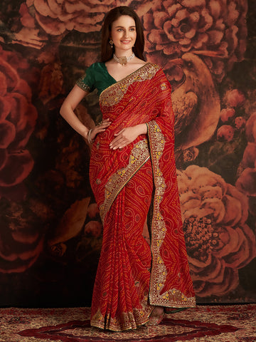 Women's  Bandhani Printed Saree With Unstitched Blouse - Red