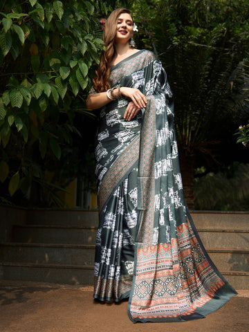 Women's Crepe Ajrakh Print Designer Saree with Unstitched Blouse - Grey