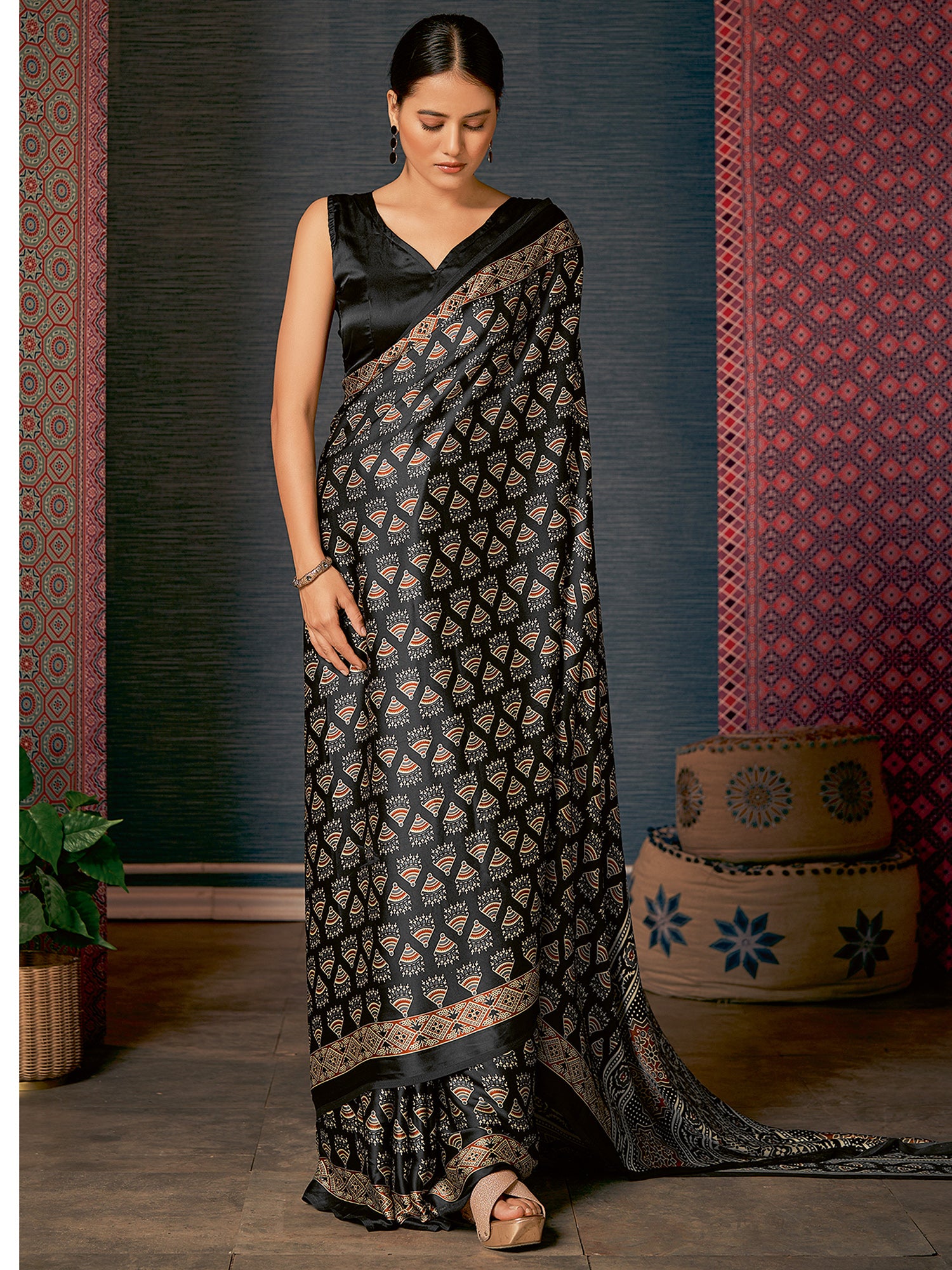 Women's Crepe  Ajrakh Print Designer Saree with Unstitched Blouse  - Black