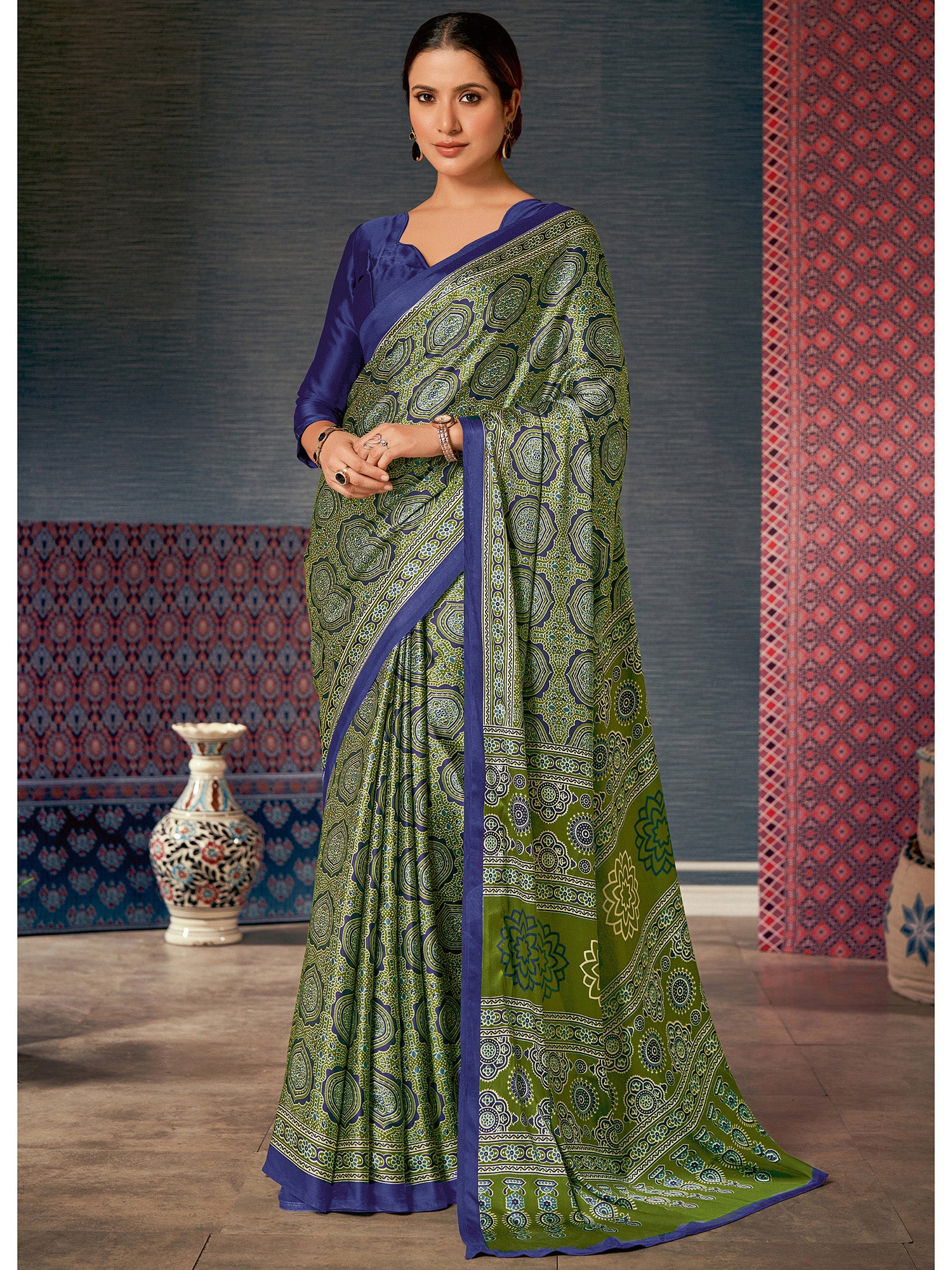 Women's Crepe Ajrakh Print Designer Saree with Unstitched Blouse  - Green