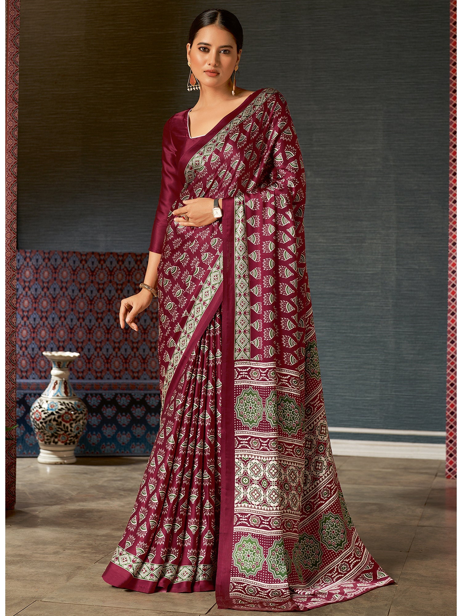 Women's Crepe Ajrakh Print Designer Saree with Unstitched Blouse  - Light Brown