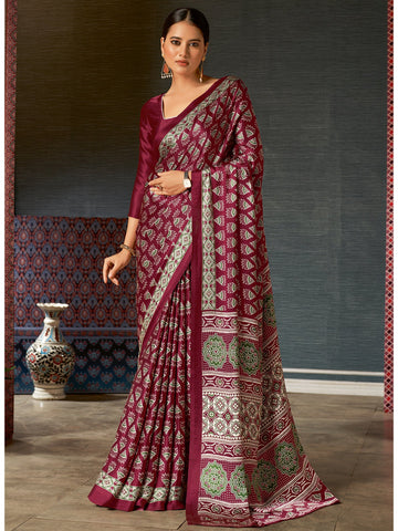 Women's Crepe Ajrakh Print Designer Saree with Unstitched Blouse  - Light Brown