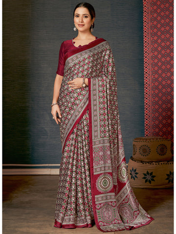 Women's Crepe Ajrakh Print Designer Saree with Unstitched Blouse -  Maroon