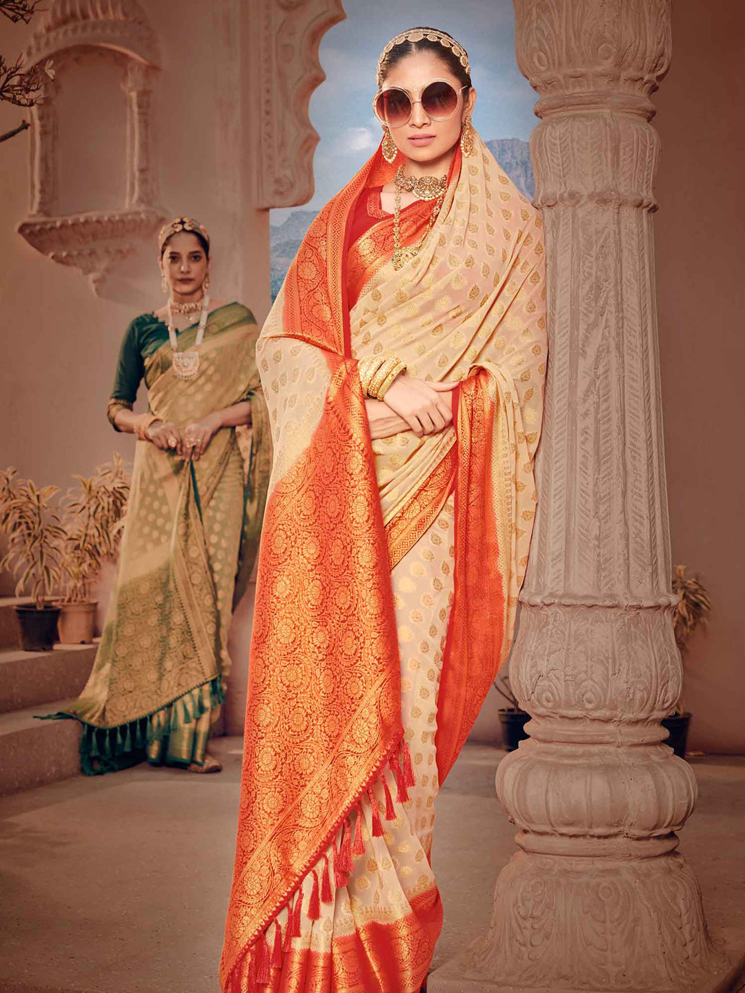 Women's Soft Georgette Banarasi Woven Saree With Unstitched Blouse - Orange