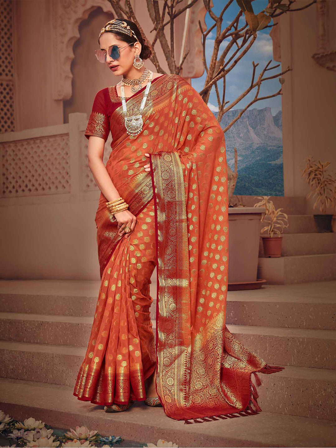 Women's Soft Georgette Banarasi Woven Saree With Unstitched Blouse - Orange