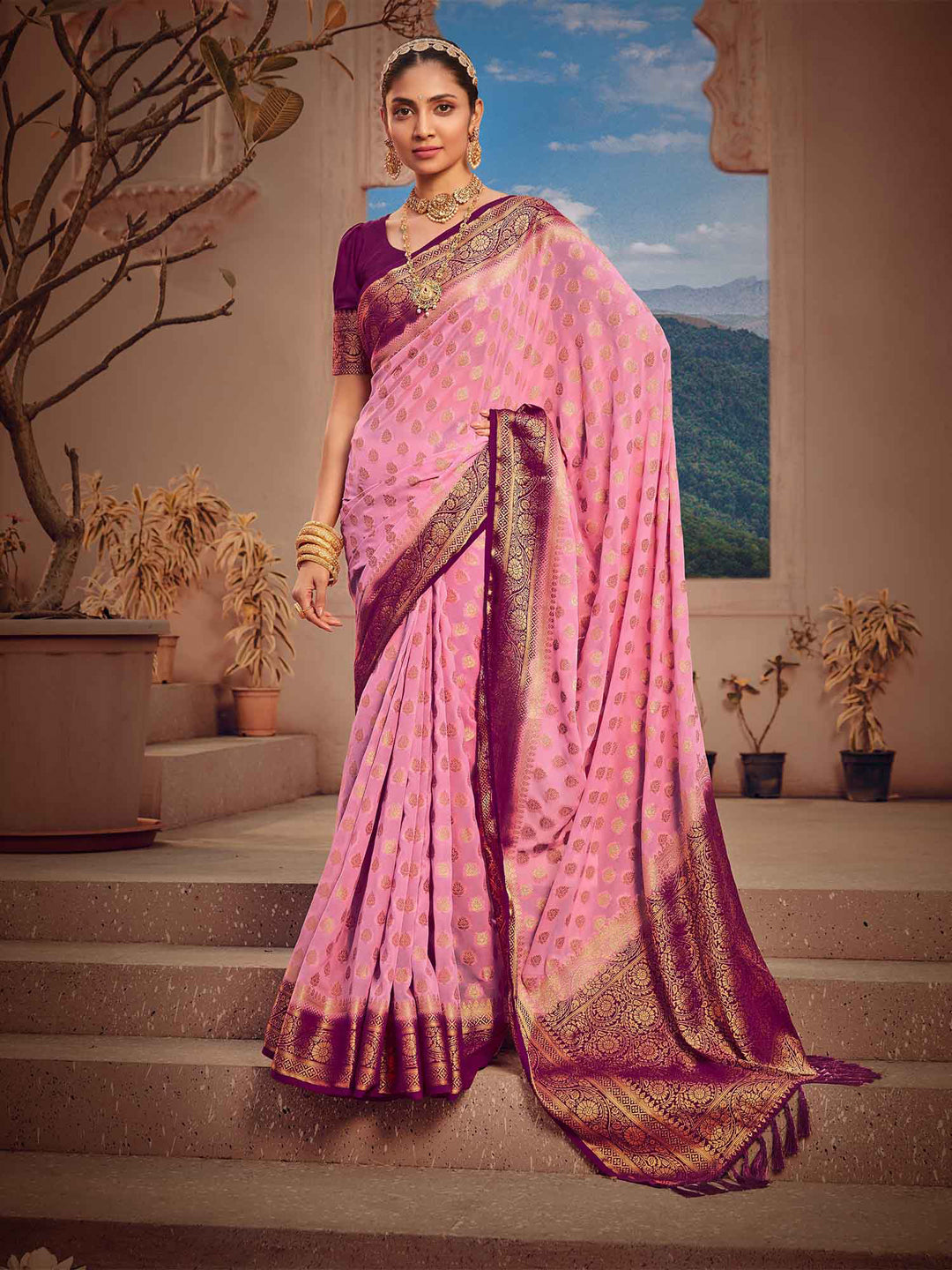 Women's Soft Georgette Banarasi Woven Saree With Unstitched Blouse -  Pink