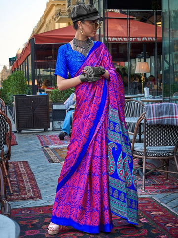 Modern Contemporary Saree - Pink & Dark Blue