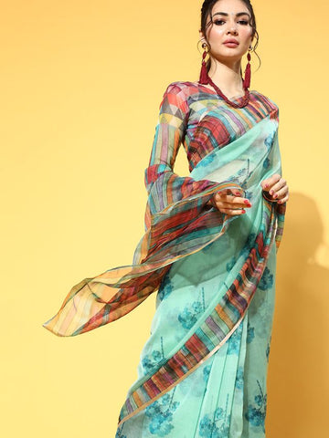 Floral Organza Saree With Botanical Print - Sea Green