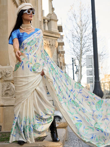 Modern Contemporary Saree - Cream & Blue