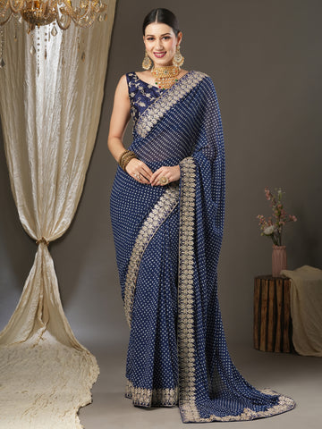 Women's Bandhani Printed Saree With Unstitched Blouse -  Navy Blue