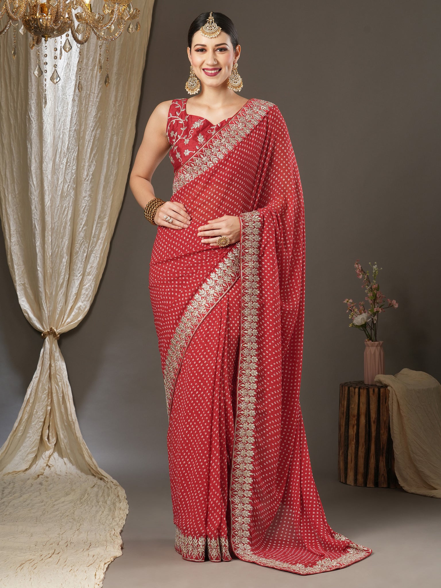 Women's  Bandhani Printed Saree With Unstitched Blouse -  Red