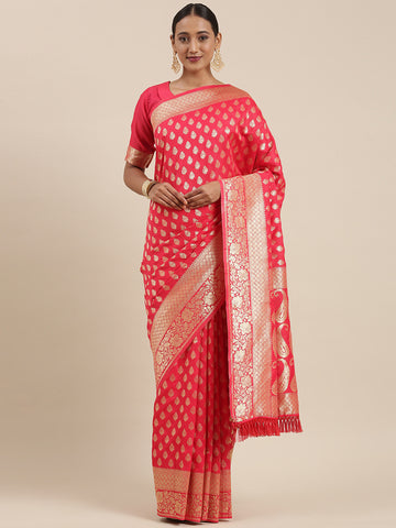 Women's Banarasi Woven Design Saree with Unstitched Blouse - Red