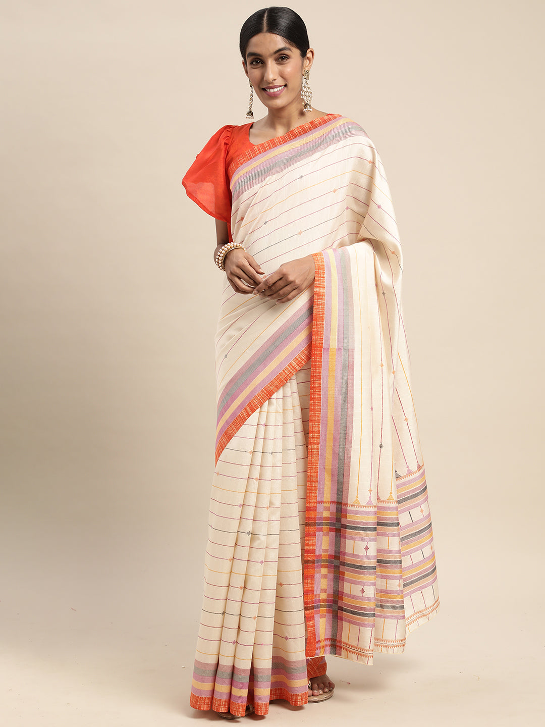 Women's Bhagalpuri Silk Saree With Unstitched Blouse - Beige