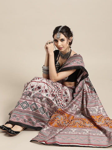 Women's Printed Bhagalpuri Silk Celebrity Saree With Unstitched Blouse - Dark Grey