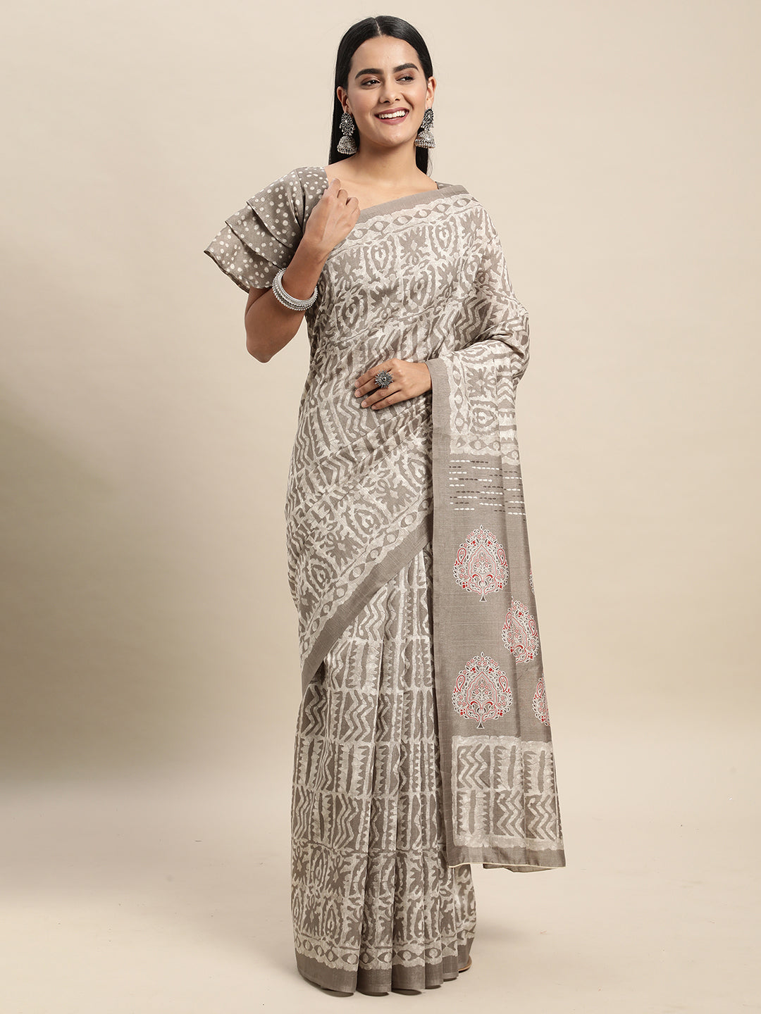 Women's Bhagalpuri Silk Saree With Unstitched Blouse - Lite Grey