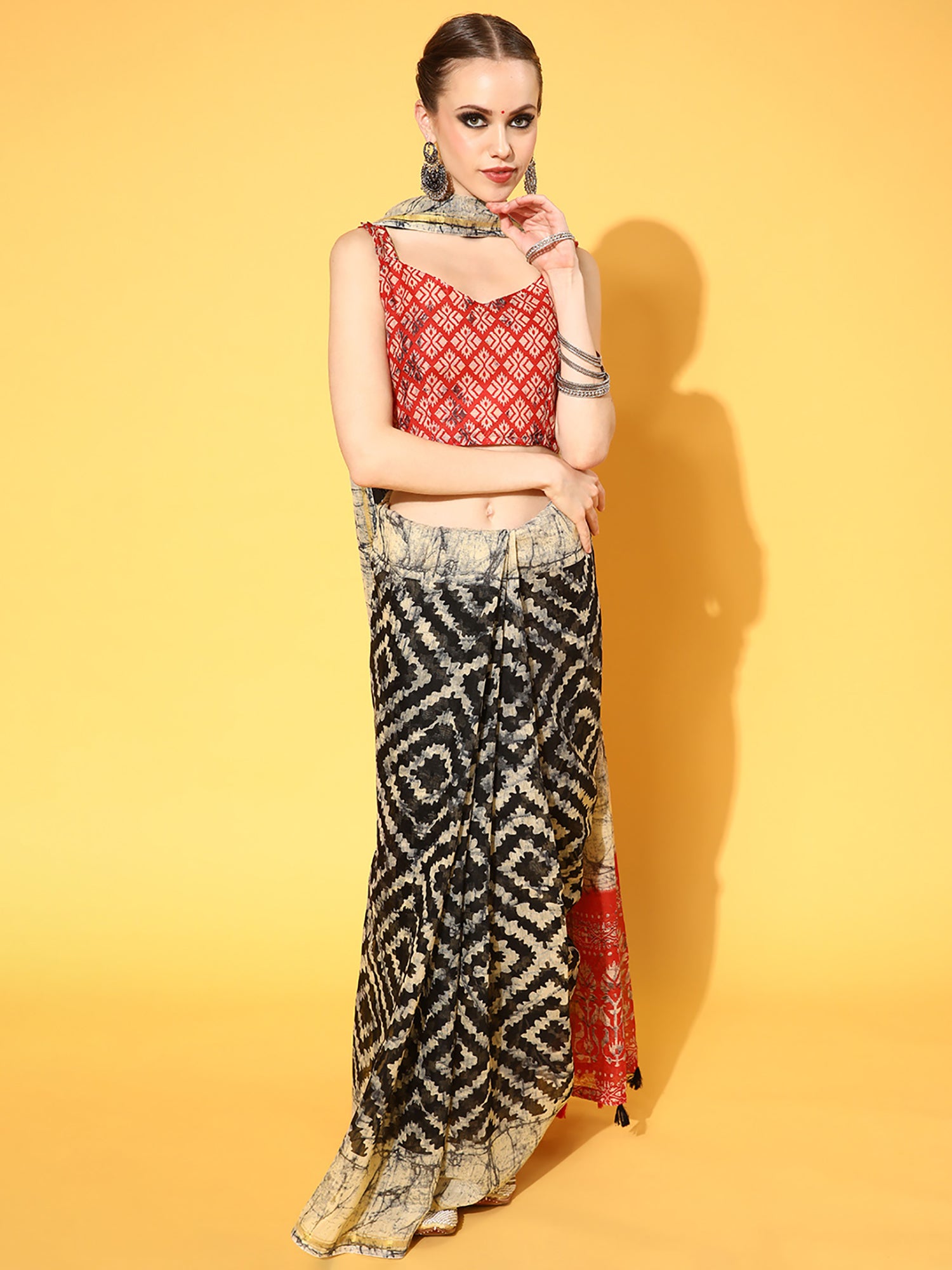 Women's Cotton Digital Printed Designer Saree with Unstitched Blouse - Black