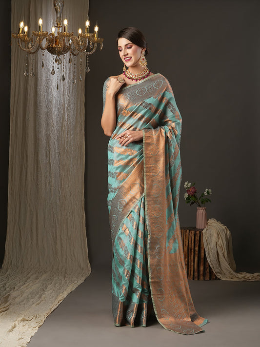 Women's Teal Design Banarasi Silk Saree With Unstitched Blouse - Teal Green