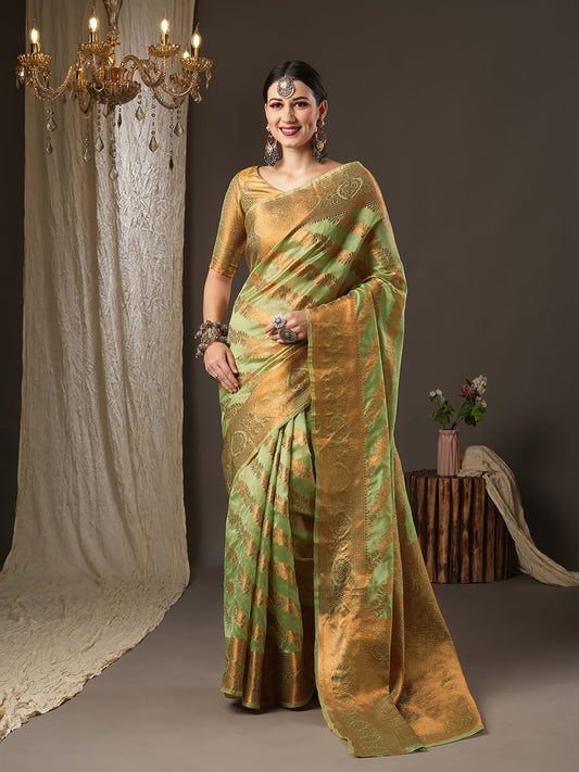 Women's Sea Woven Design Banarasi Silk Saree With Unstitched Blouse - Sea Green