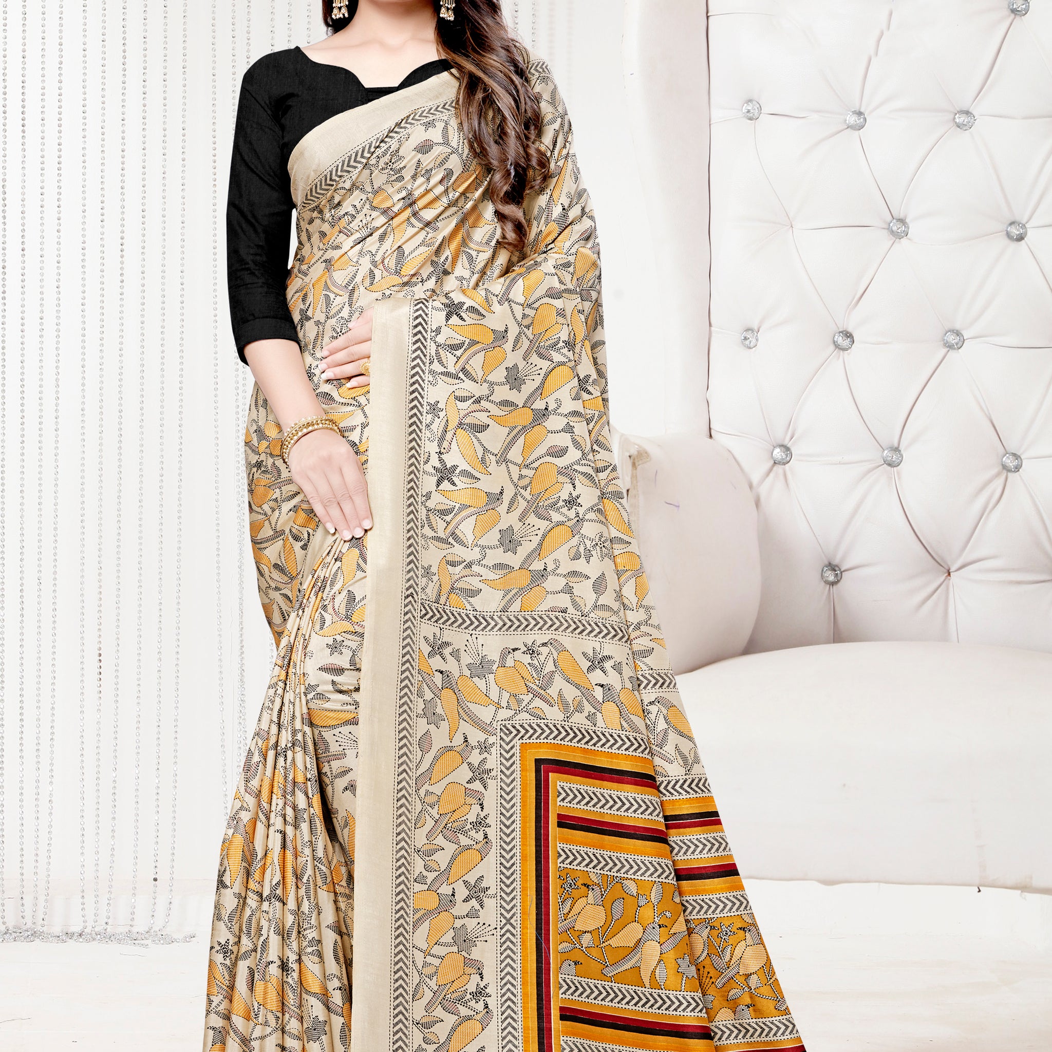 Women's Digital Printed Silk  Saree With Unstitched Blouse - Beige