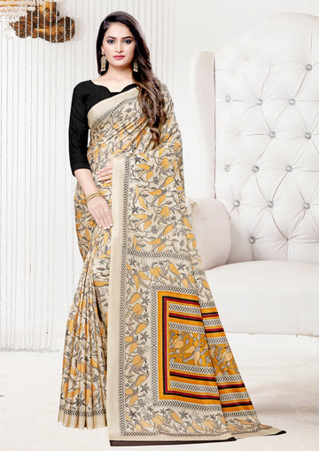 Women's Digital Printed Silk  Saree With Unstitched Blouse - Beige