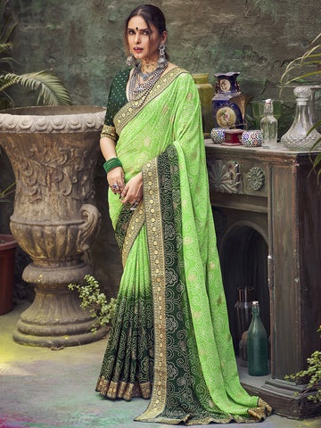 Women's Bandhani Printed Saree With Unstitched Blouse - Green