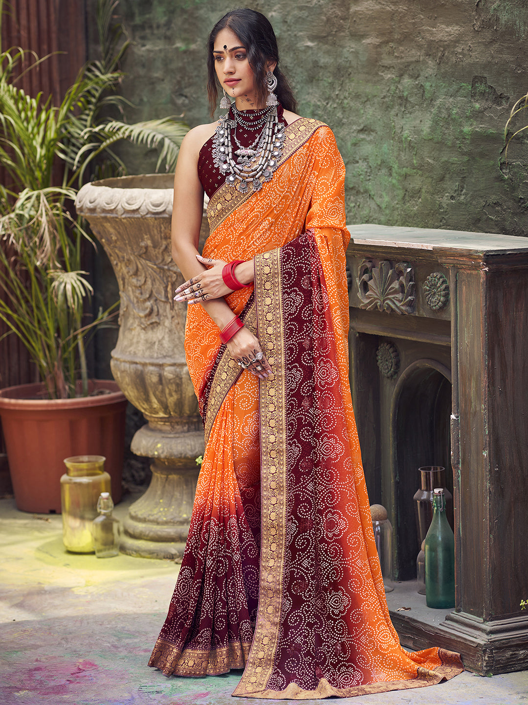 Women's Bandhani Printed Saree With Unstitched Blouse - Orange