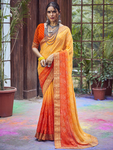 Women's Bandhani Printed Saree With Unstitched Blouse - Yellow