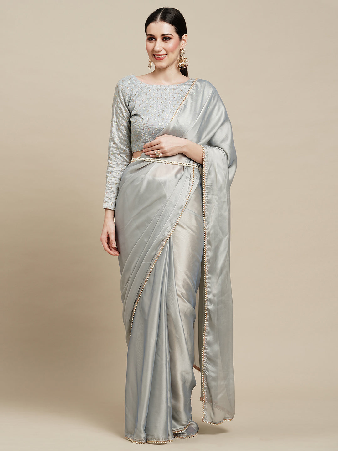 Women's Embellished & Sequined Designer Saree With Blouse Piece - Grey