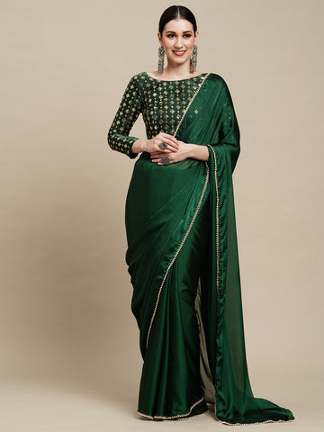 Women's Embellished & Sequined Designer Saree With Blouse Piece - Green