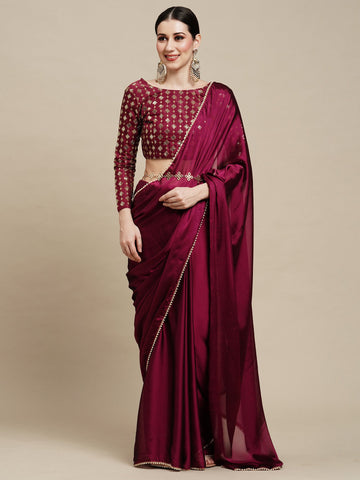 Women's Embellished & Sequined Designer Saree With Blouse Piece - Wine