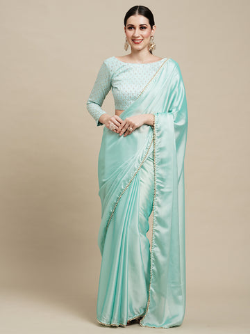 Women's Embellished & Sequined Designer Saree With Blouse Piece - Turquoise