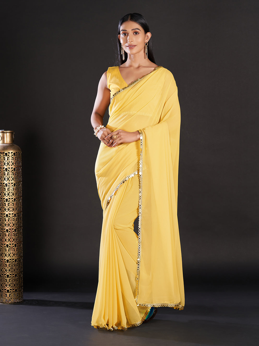 Women's Embellished & Sequined Designer Saree With Blouse Piece -Yellow