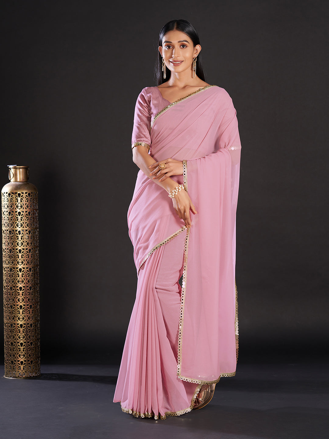 Women's Embellished & Sequined Designer Saree With Blouse Piece - Pink