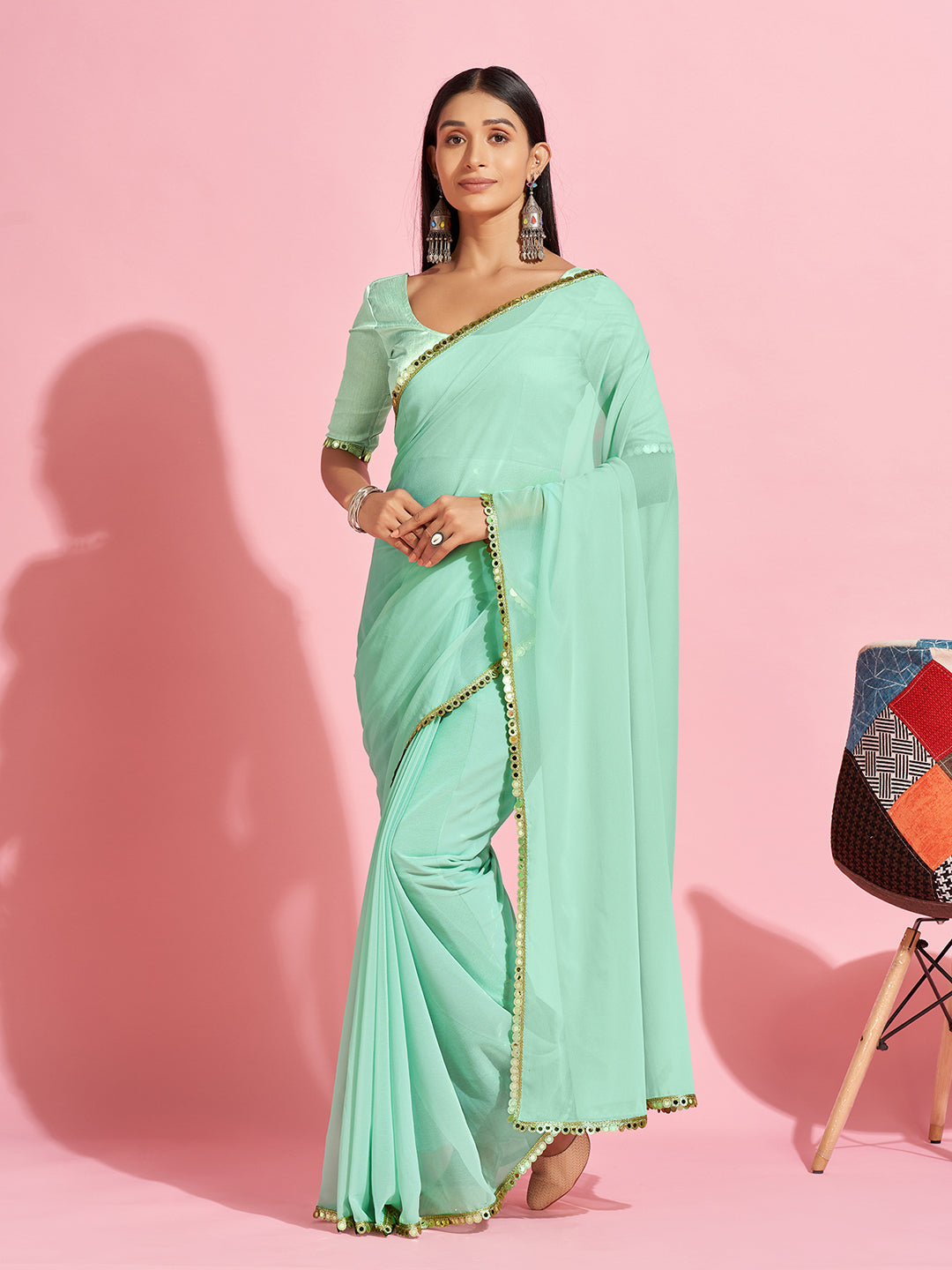 Women's Embellished & Sequined Designer Saree With Blouse Piece - Light Green