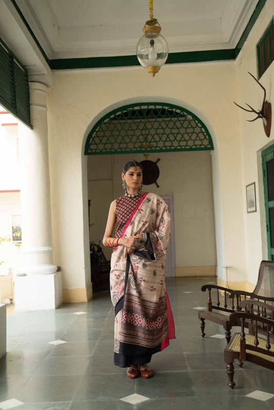 Red And Black Border Printed Mikora Silk Saree