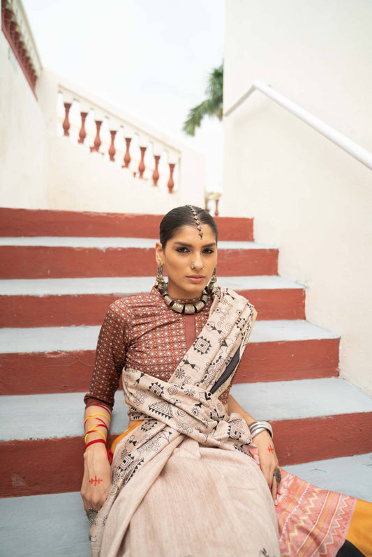 Yellow And Black Border Printed Mikora Silk Saree