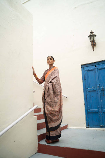 Orange And Black Border Printed Mikora Silk Saree