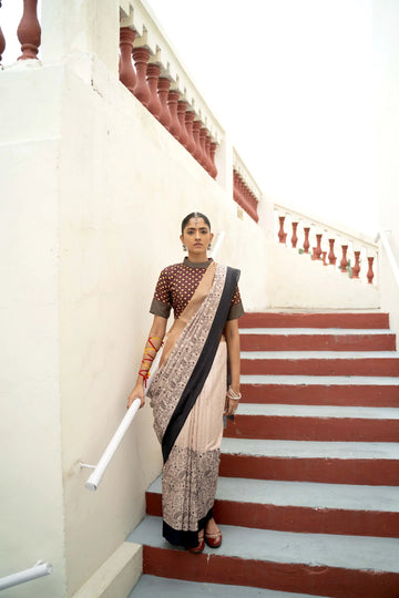 Cream And Black Border Printed Mikora Silk Saree