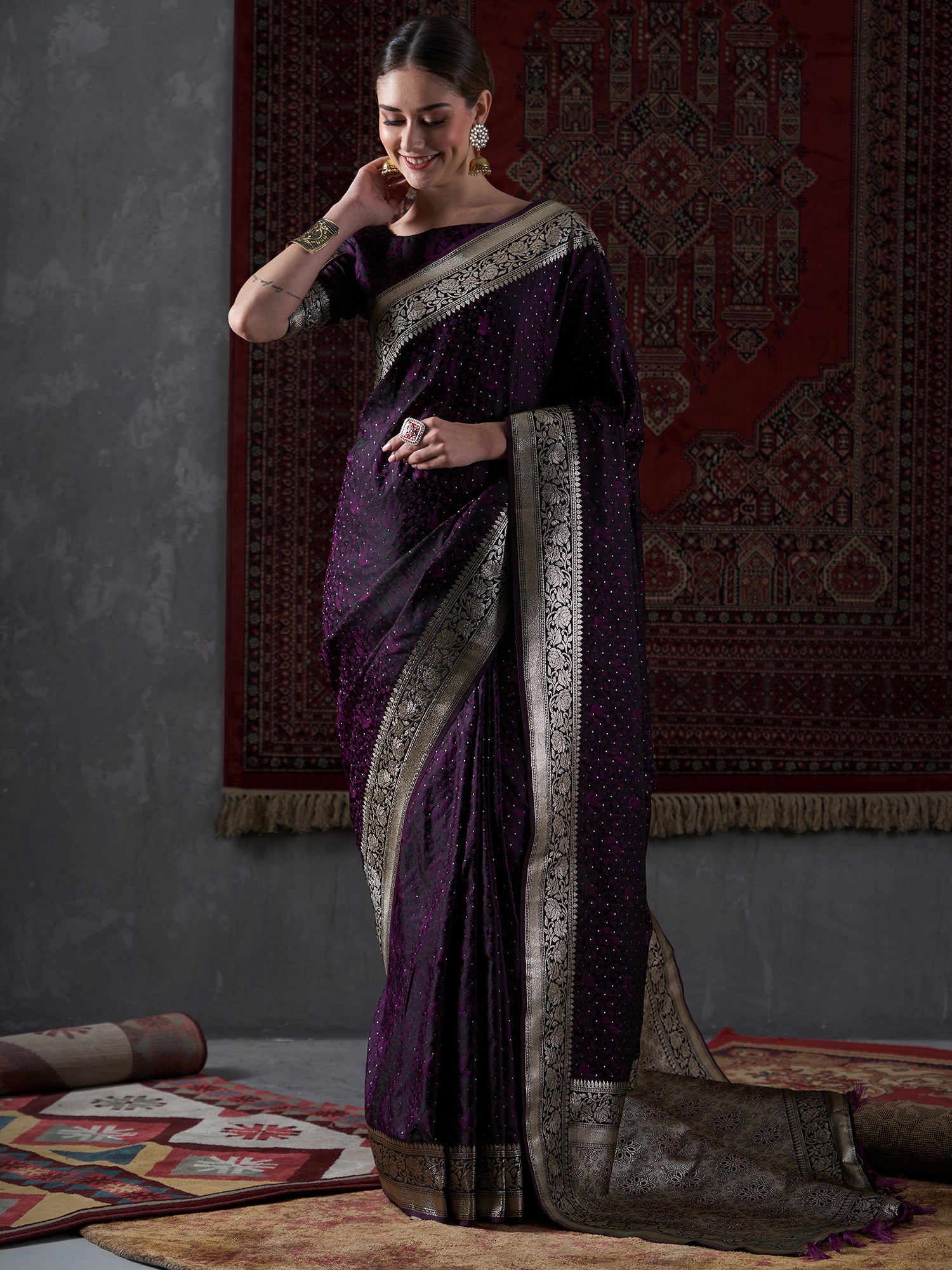 Women's Banarasi Woven Designer Saree With Unstitched Blouse - Purple