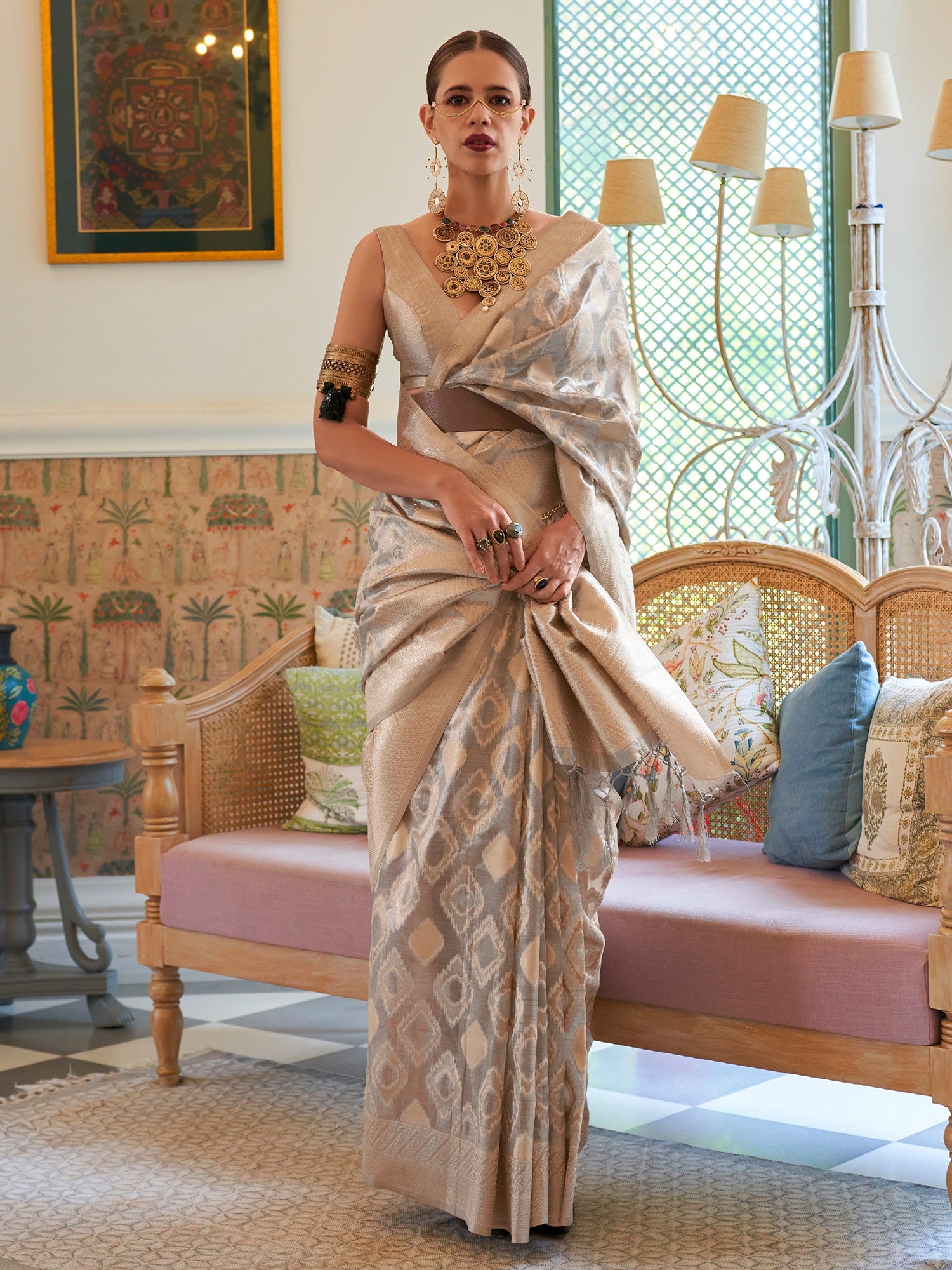 Women's Tissue Woven Designer Saree with Unstitched Blouse - Dark Grey