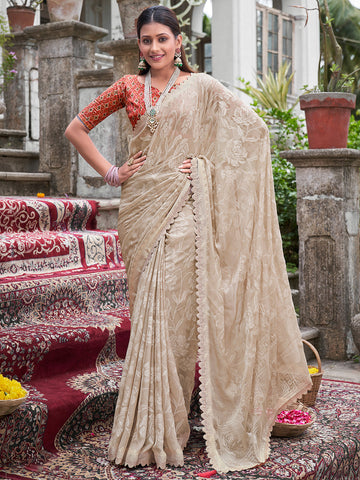 Women's Embellished & Sequined  Saree With Unstitched Blouse - Cream