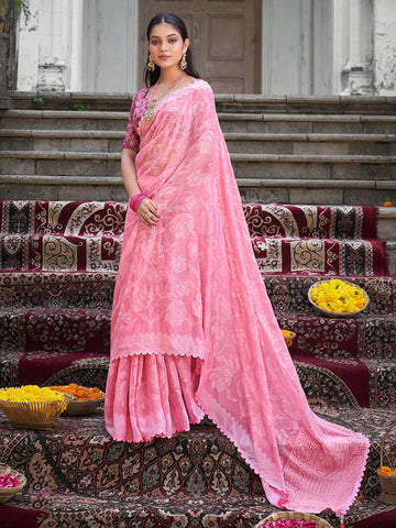 Women's Embellished & Sequined  Saree With Unstitched Blouse - Pink