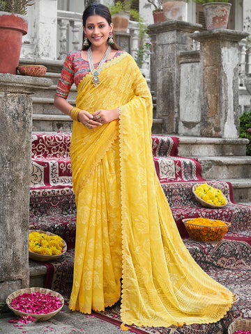 Women's Embellished & Sequined  Saree With Unstitched Blouse - Yellow